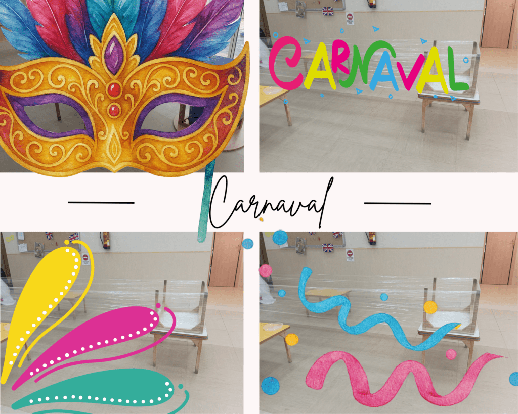 Collage decorativo de Carnaval en la Escuela Infantil Gloria Fuertes con máscaras y motivos artísticos.